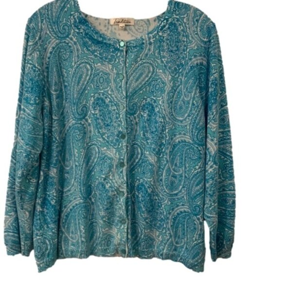Tradition Turquoise And White Button Front Cardigan - Picture 1 of 8